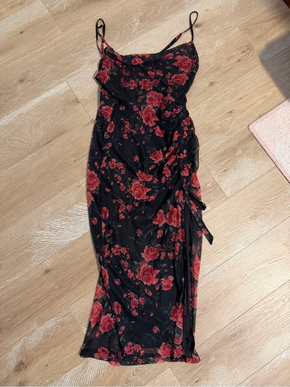 Lulus Black Floral Slip Dress with Red Rose Print